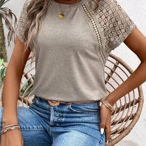 Beige Crochet Sleeve T-Shirt Blouse